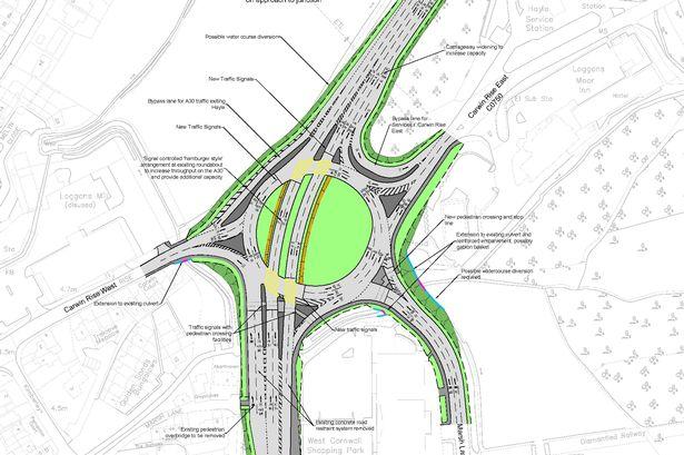 The roundabout today alongside the potential design for the layout of the new A30 Loggans Moor junction. The roundabout today alongside the potential design for the layout of the new A30 Loggans Moor junction.